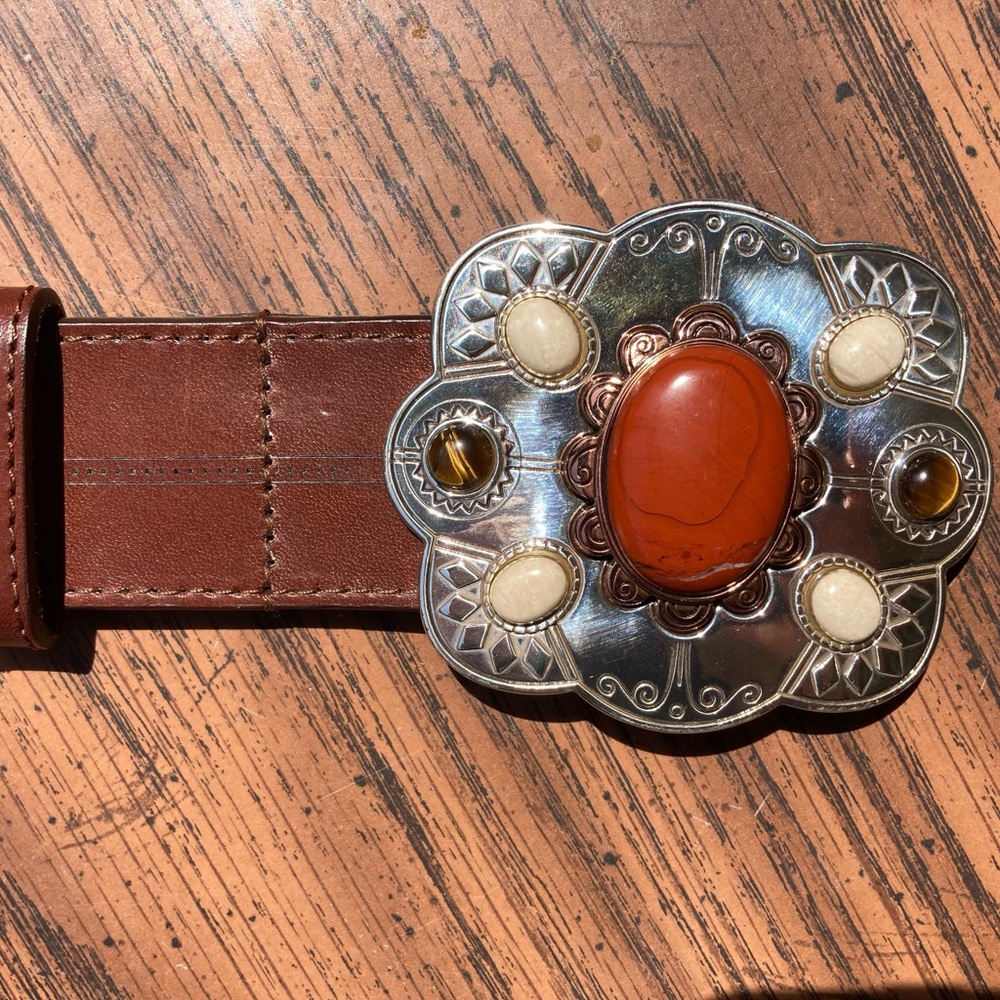 43" Brighton Leather Belt with Stone Buckle